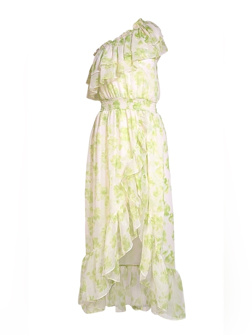 NWT ✨ MISA Los Angeles Green/Ivory Chiffon Floral One Shoulder Midi Dress Sz S
